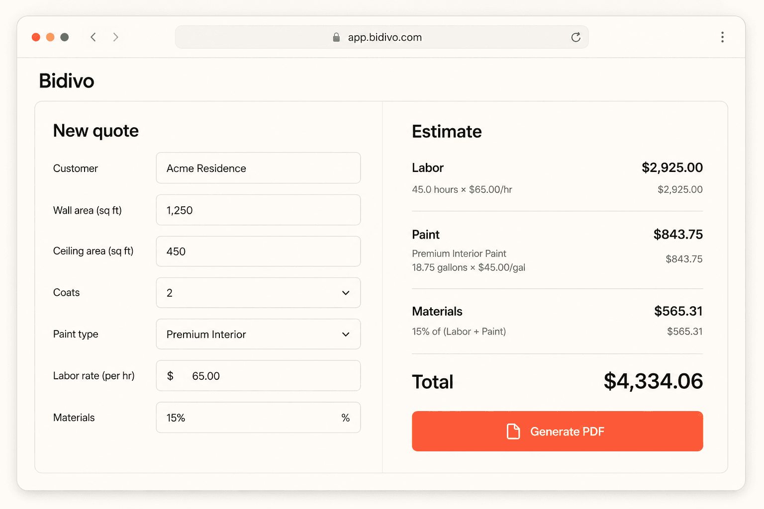The Bidivo quote builder: project inputs on the left, a live estimate with labor, paint, materials and total on the right, and a Generate PDF button.